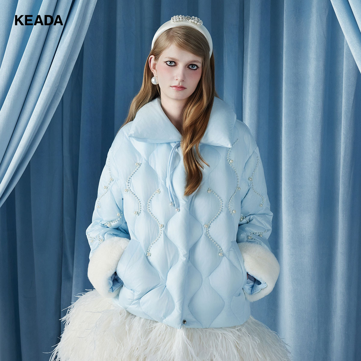 KEADA羽绒白鸭绒菱格珍珠装饰保暖时尚羽绒服外套KSN4334695
