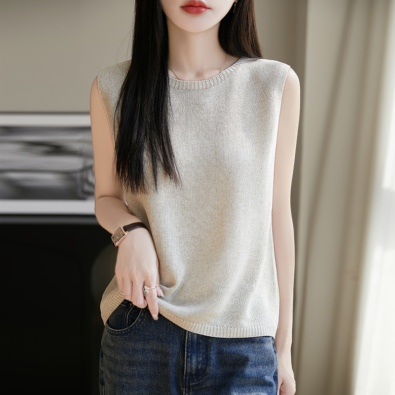 圆领针织吊带背心女夏季外穿棉麻显瘦遮肉薄款无袖上衣针织打底衫