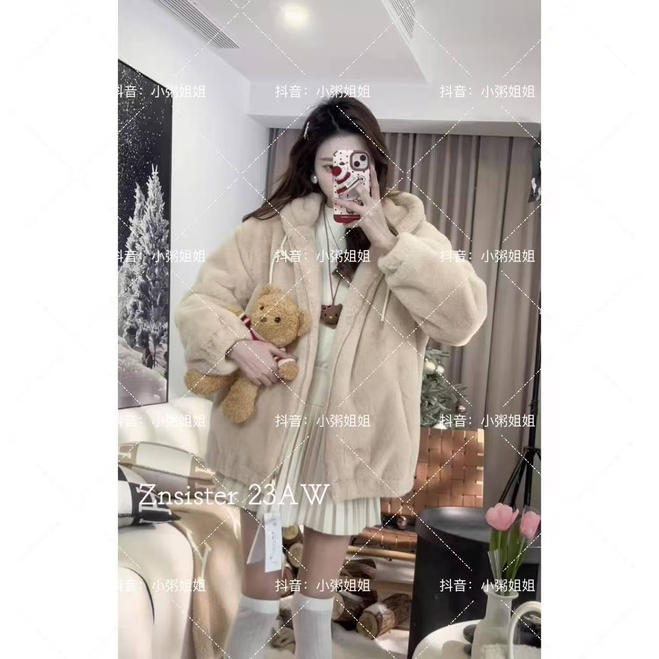 韩版宽松仿獭兔毛连帽棉衣加厚毛毛外套毛绒绒外套女冬款保暖棉服