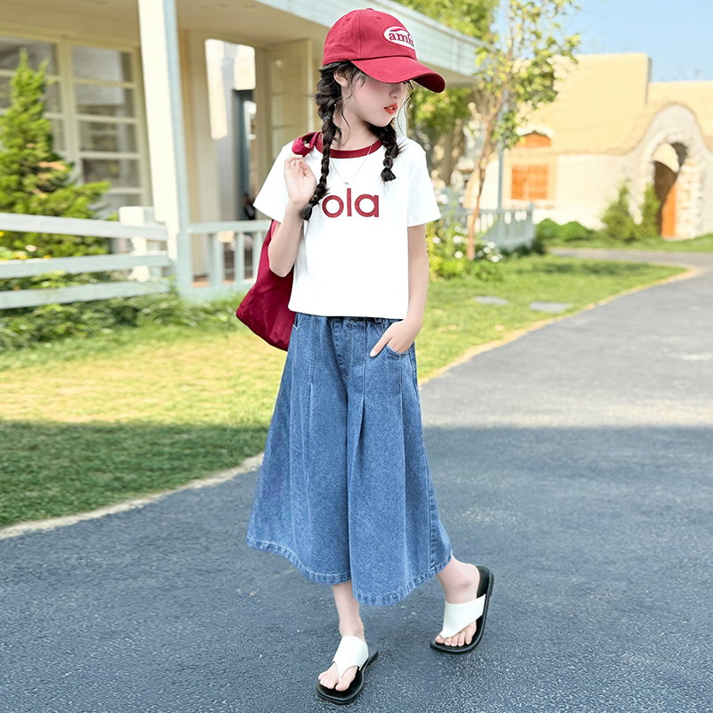 女童套装夏装6-12岁洋气儿童短袖T恤夏季七分裤中大童休闲两件套