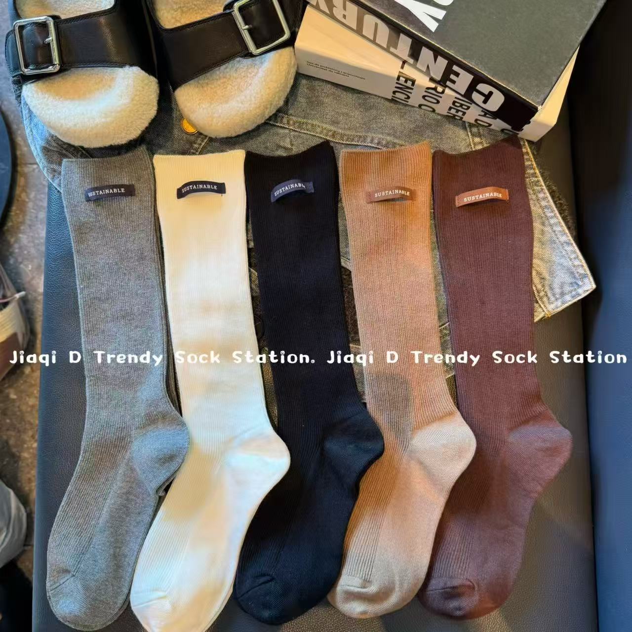 高货新款中筒袜子女秋季字母皮标长筒堆堆袜纯色百搭