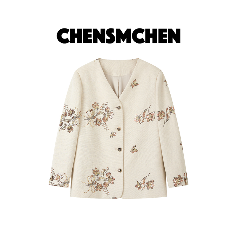 CHENSMCHEN时尚复古刺绣V领长袖外套女秋季通勤百搭上衣CSW7498WL