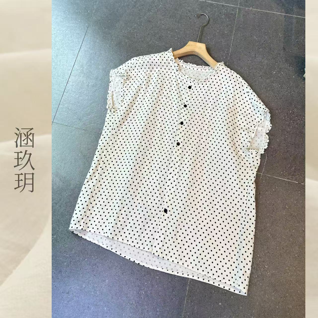 涵玖玥▪100%黄金纱雨露麻【繁星点点】波点文艺范黑扣上衣鲤-2571