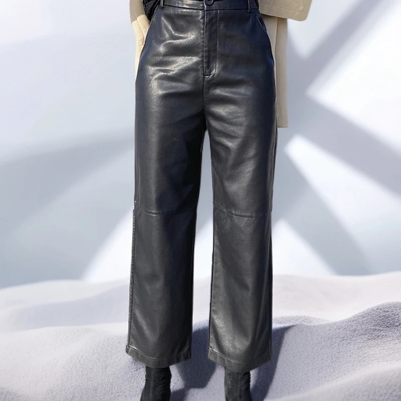高腰显瘦哑光PU皮裤百搭直筒阔腿休闲九分裤