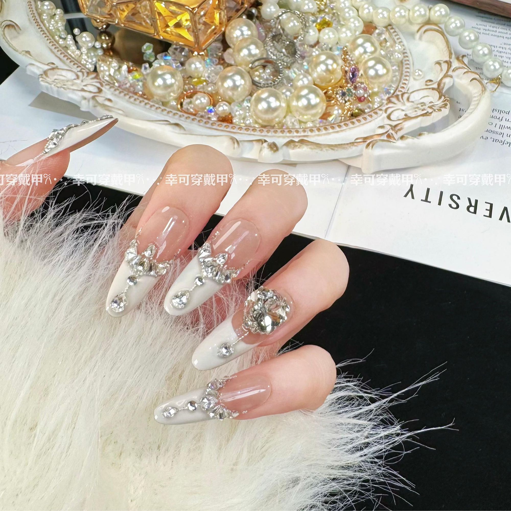 幸可【锻光星环】奶白色法式堆钻链条爆闪钻球纯手工穿戴甲