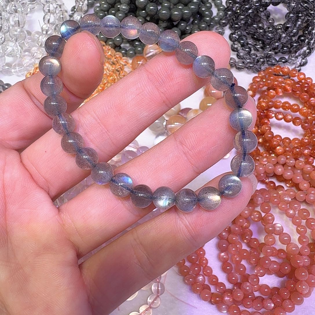 水晶手链银S925镶嵌7咪灰月光手串