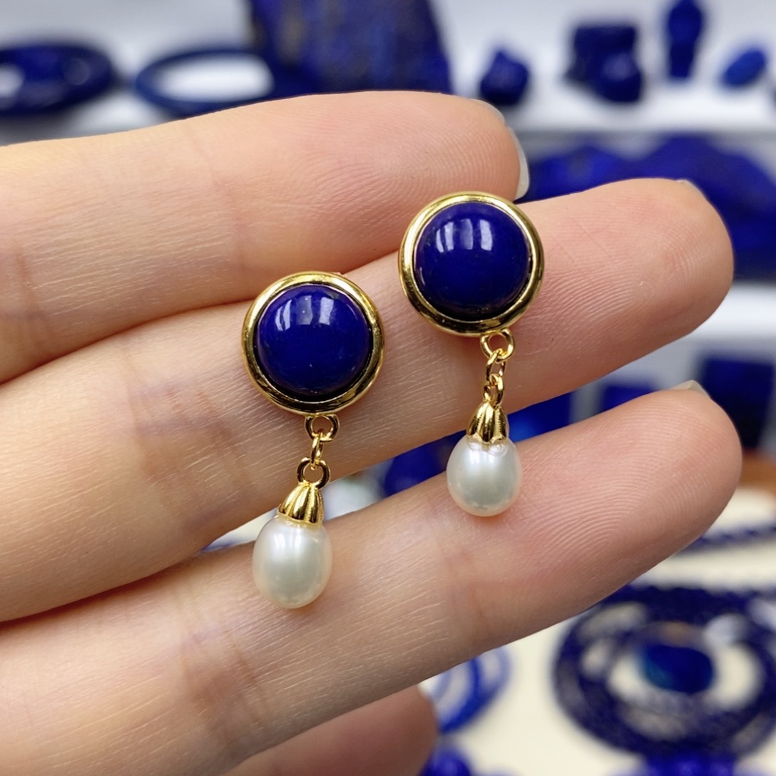 青金石耳饰银S925镀金镶嵌