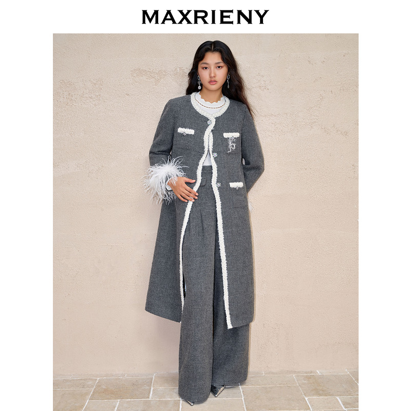 MAXRIENY小香风气质钉珠大衣羊毛外套格雷风法式时尚毛呢设计感