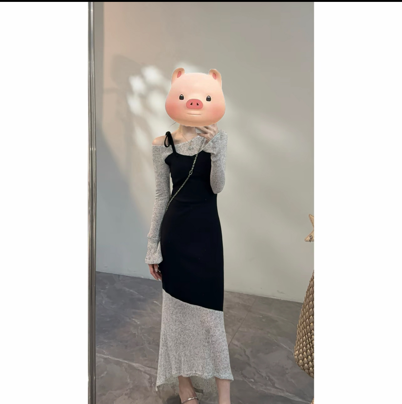 2025秋季新款拼色不规则假两件喇叭袖针织中长连衣裙3368#