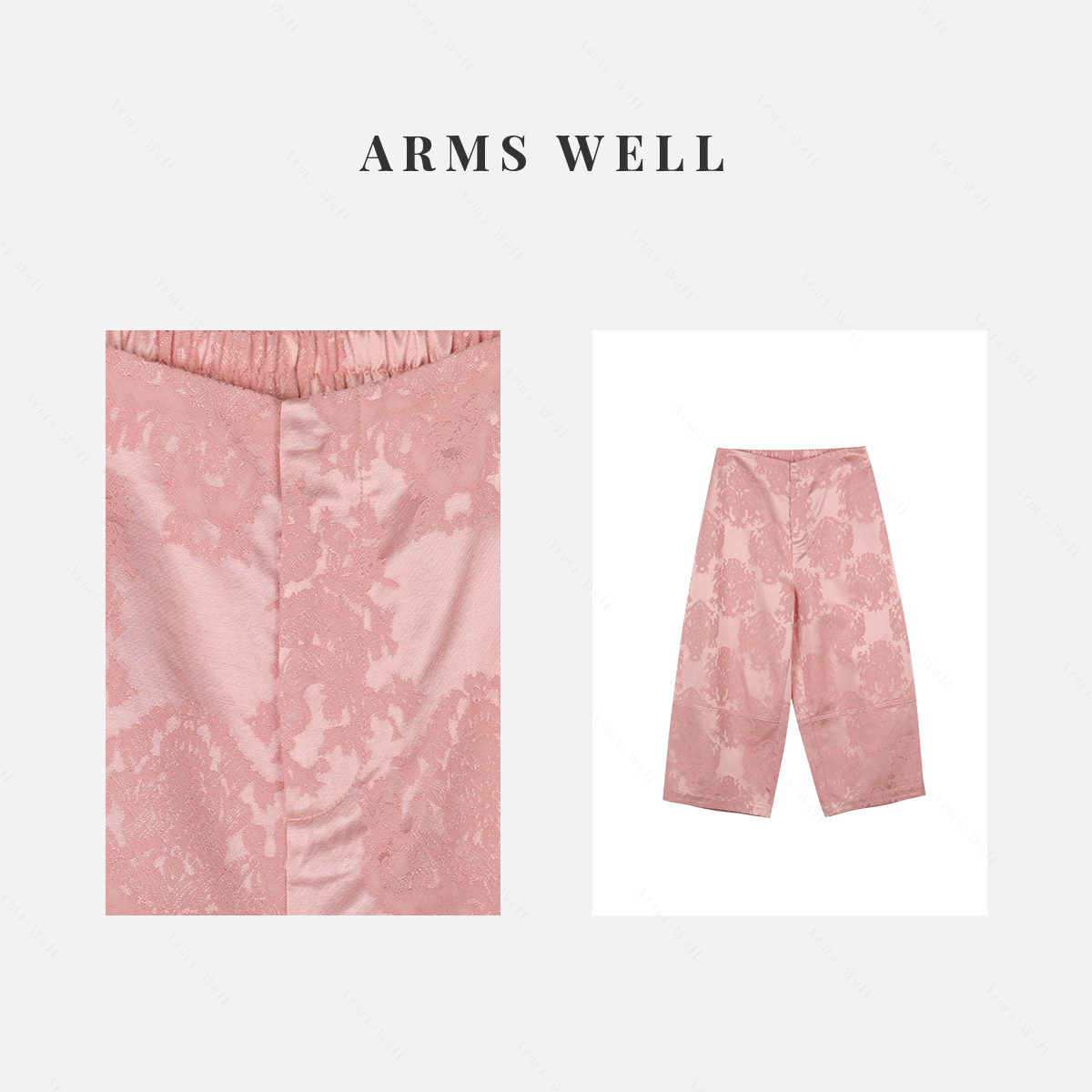 ARMS WELL王囡囡 粉色隐形扣暗纹提花新中式国风阔腿中裤 L250