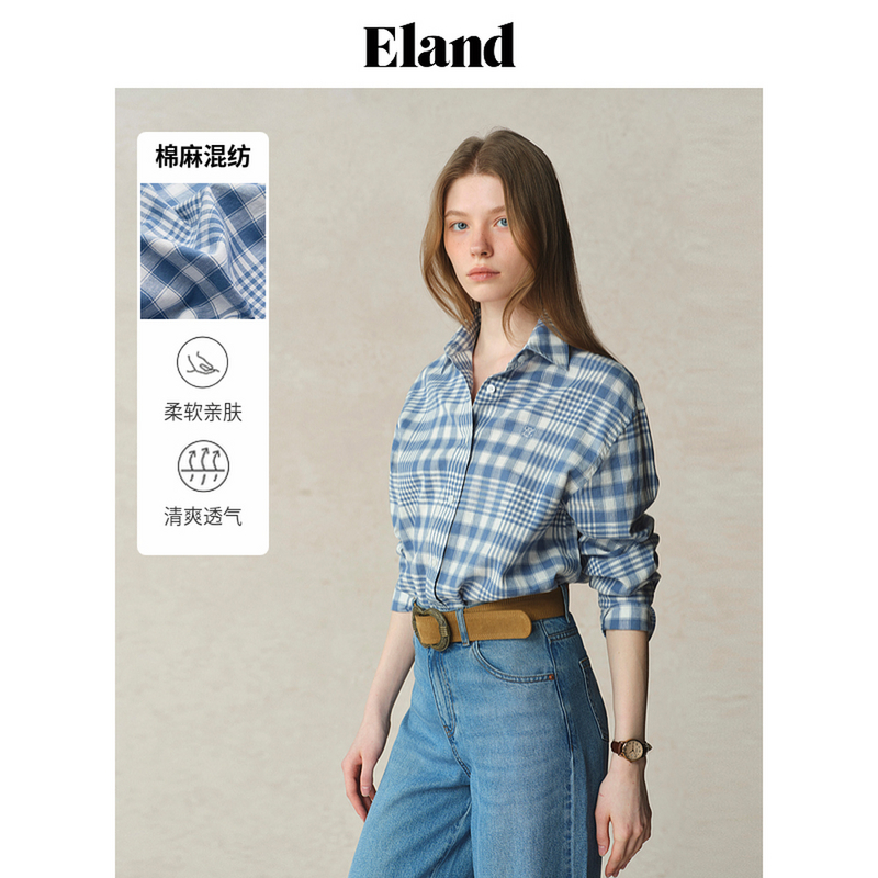 Eland衣恋衬衫女学院风宽松格纹通勤上衣EEYCF23M01