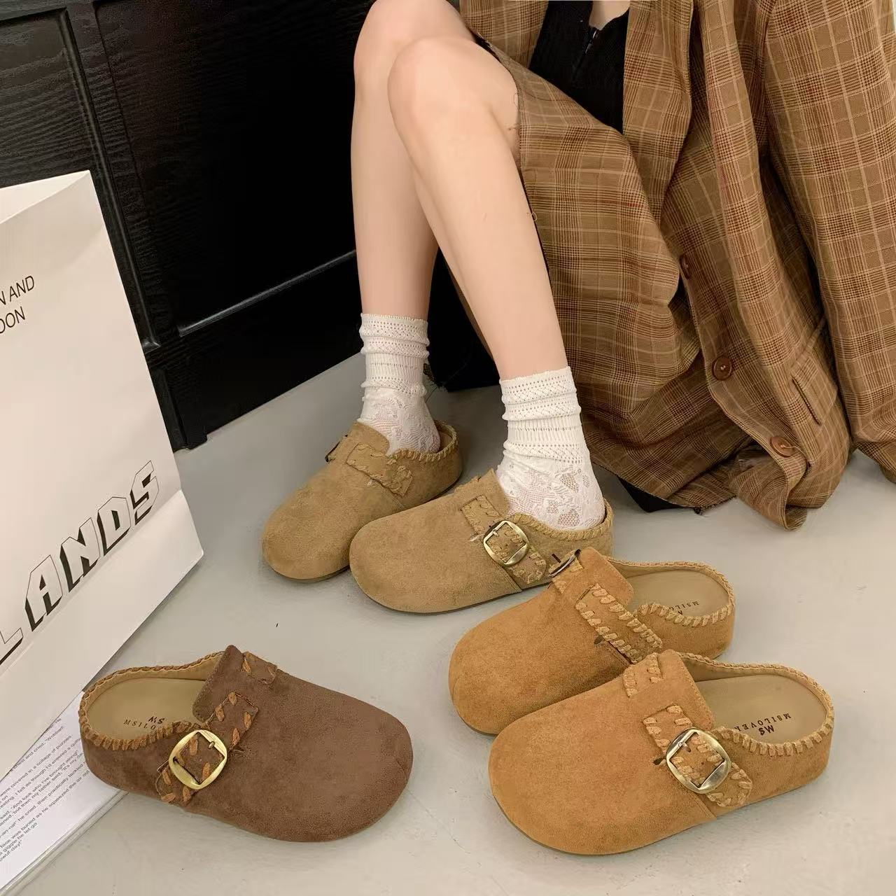 花边半拖鞋包头2025年真皮勃肯鞋女款包头新品秋季拖鞋女厚底