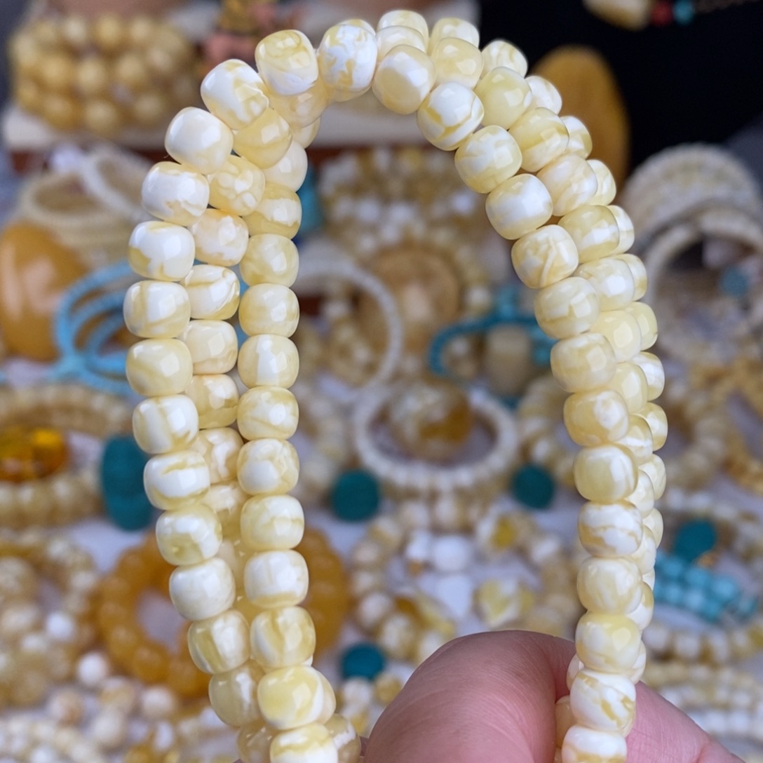 蜜蜡未镶嵌手链瓷白细纹虎皮6.5mm长串