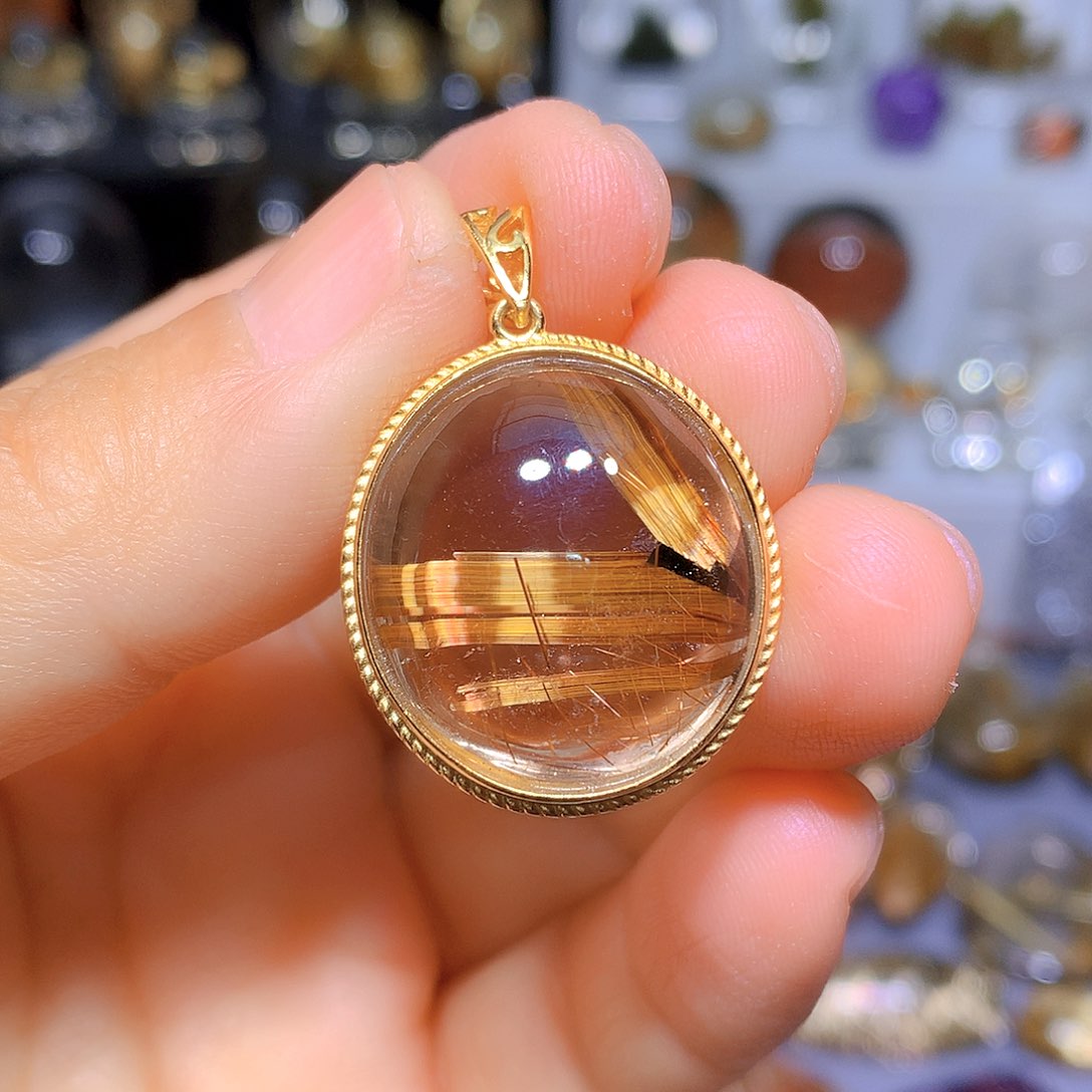 水晶吊坠银S925镀金镶嵌天然水晶