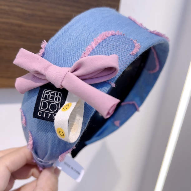 F619浅牛仔蝴蝶结宽发箍