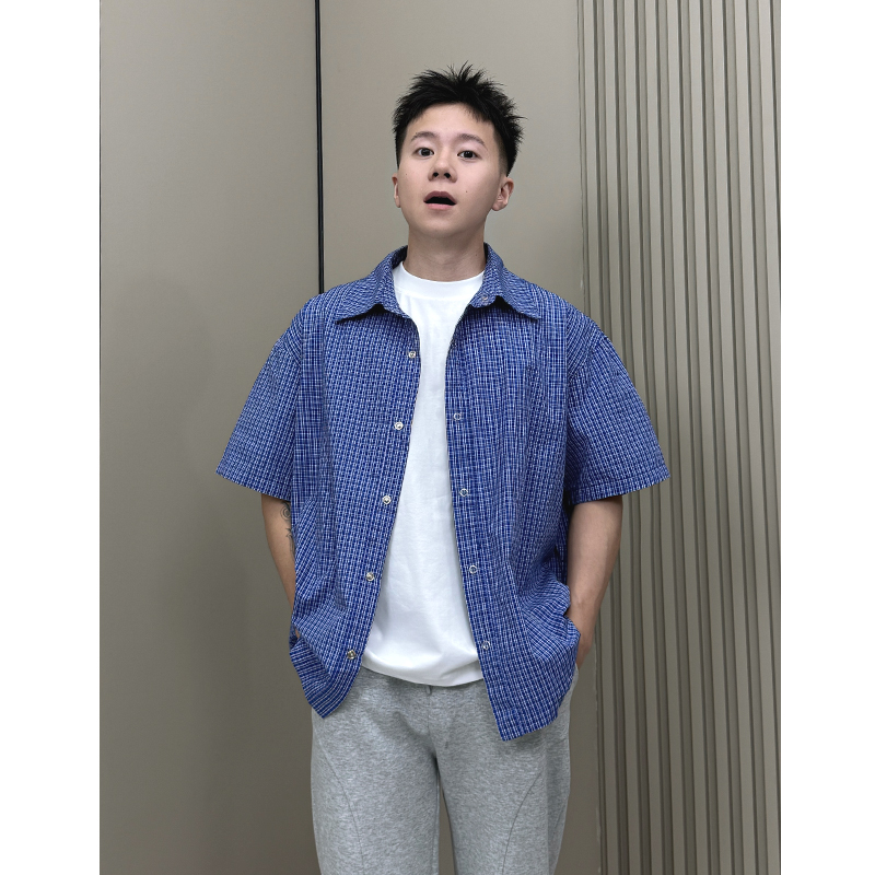 WK叁金【小个子衬衫】蓝色格子夏季休闲多巴胺cleanfit短宽衬衣外套