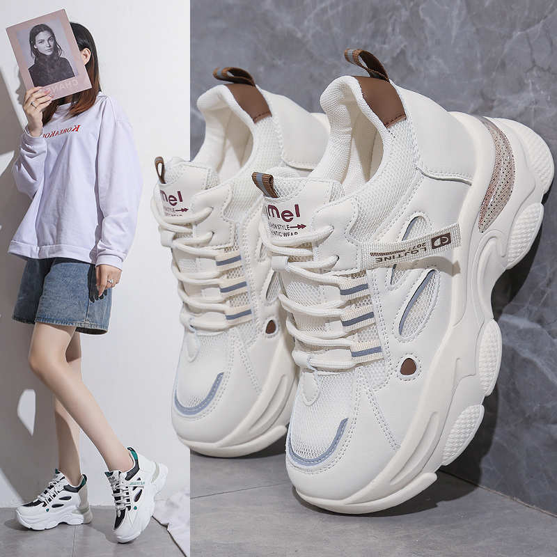 内增高运动鞋女春秋季新款皮面休闲软底小白鞋厚底拼色轻便老爹鞋