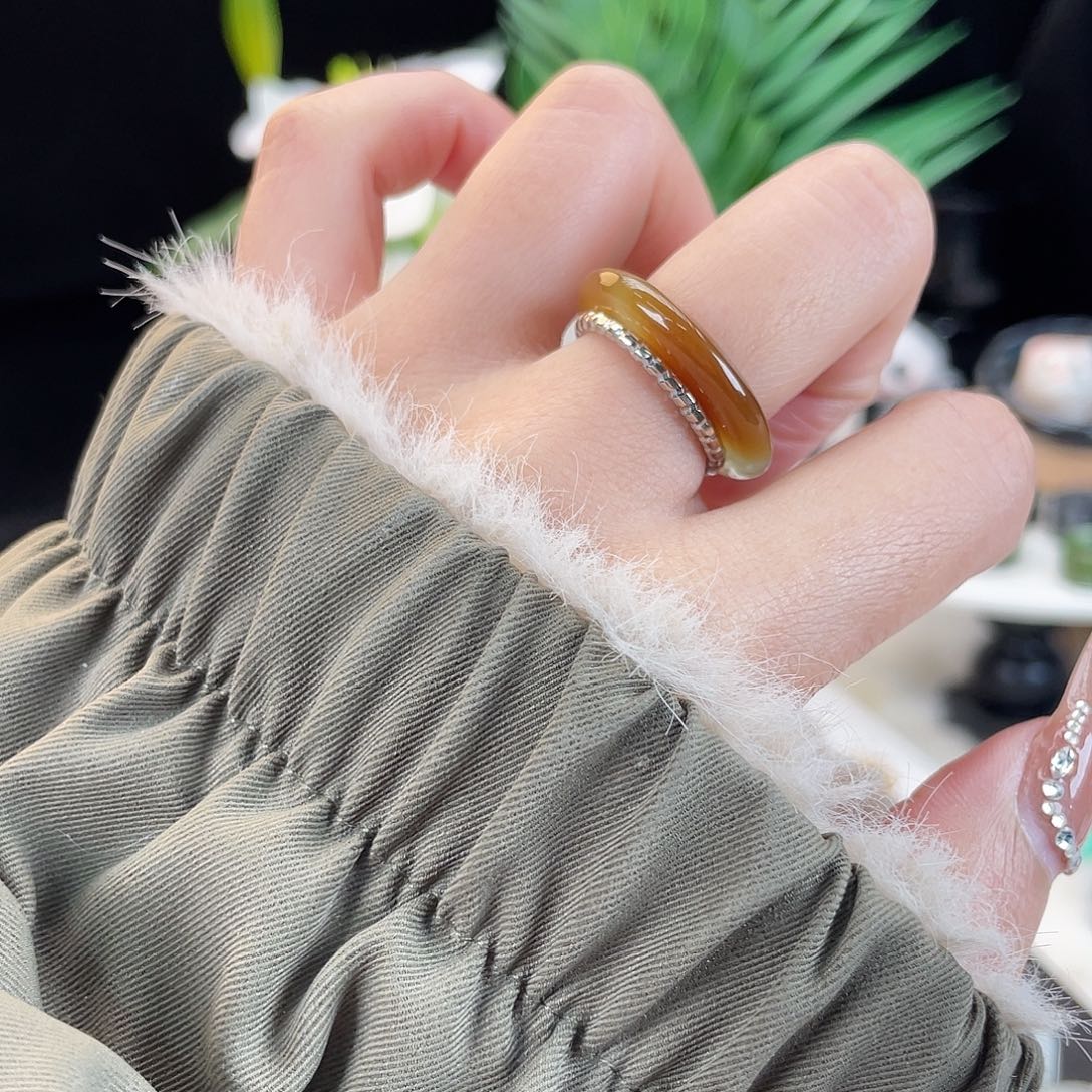 和田玉未镶嵌戒指E35红糖半山水细条17.2