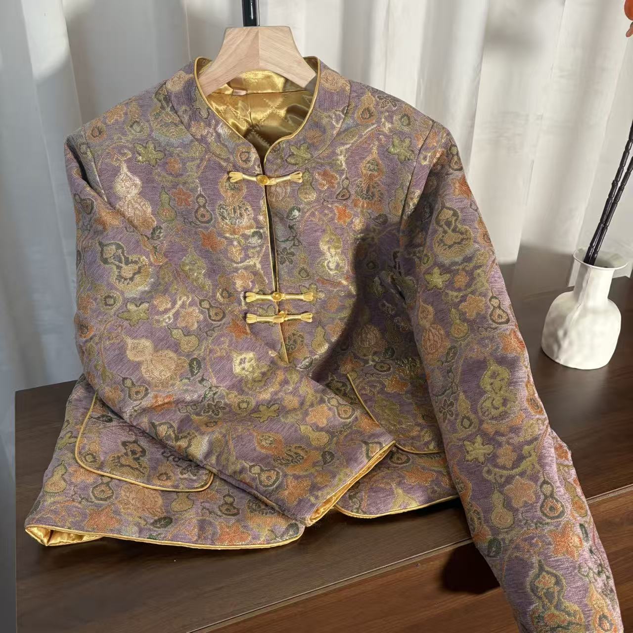 （八宝葫芦）新中式国风刺绣夹棉外套冬季提花棉服复古宽松立领