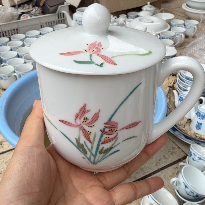 醴陵釉下高温手绘茶杯带盖水杯