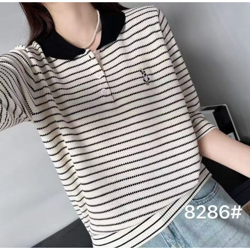 撞色翻领条纹刺绣五分袖套头春夏薄款宽松内搭针织衫女毛衣B743