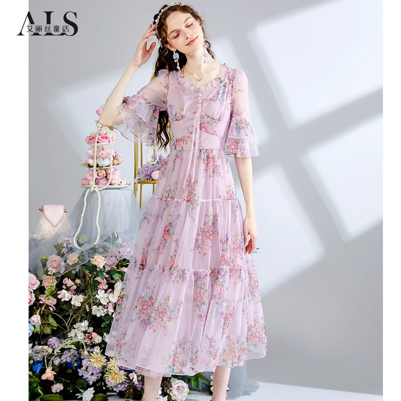 2025夏季新款优雅粉紫色中长款连衣裙网纱印花短袖仙女裙HL135XH