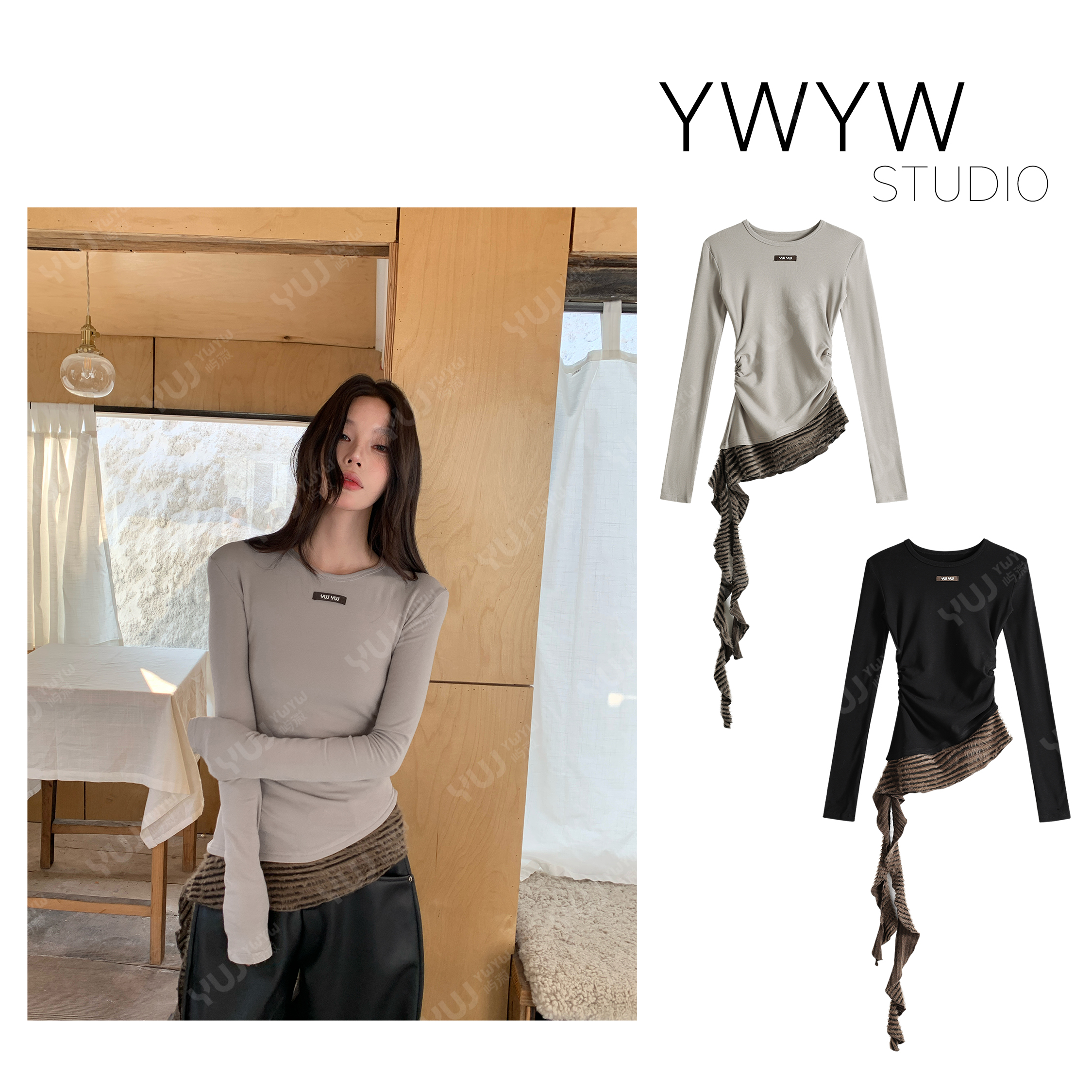 【YWYW25F/W】纯色捏褶腰线不规则拼接飘带下摆修身圆领打底衫5997