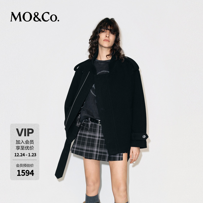 MOCO毛呢夹克2025冬新品羊毛羊绒立领可拆卸肩袢附腰带MBE4JKTT02