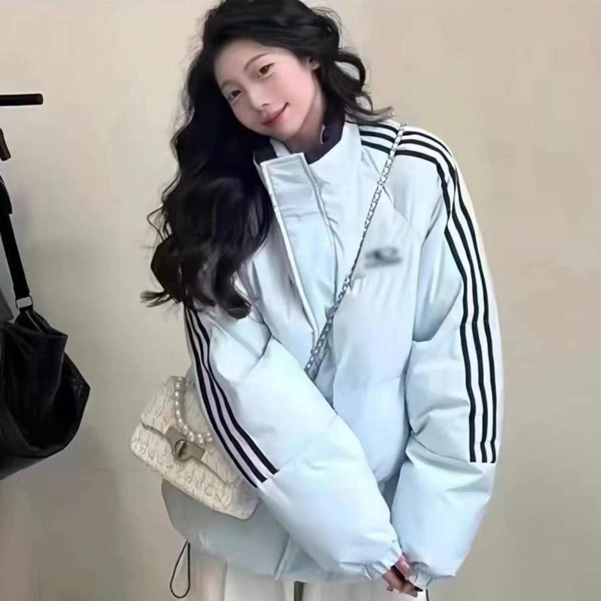 美式立领2024年新款条纹棉服冬季保暖加厚宽松棉衣学生棉袄外套女