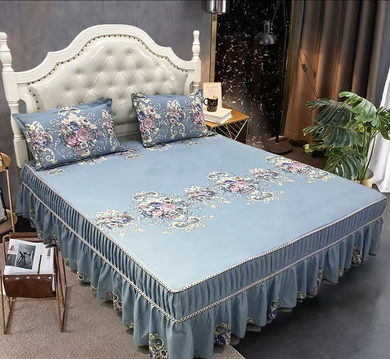 磨毛加厚床罩（蓝色欧花）裙摆颜色随机防尘防滑床罩床笠