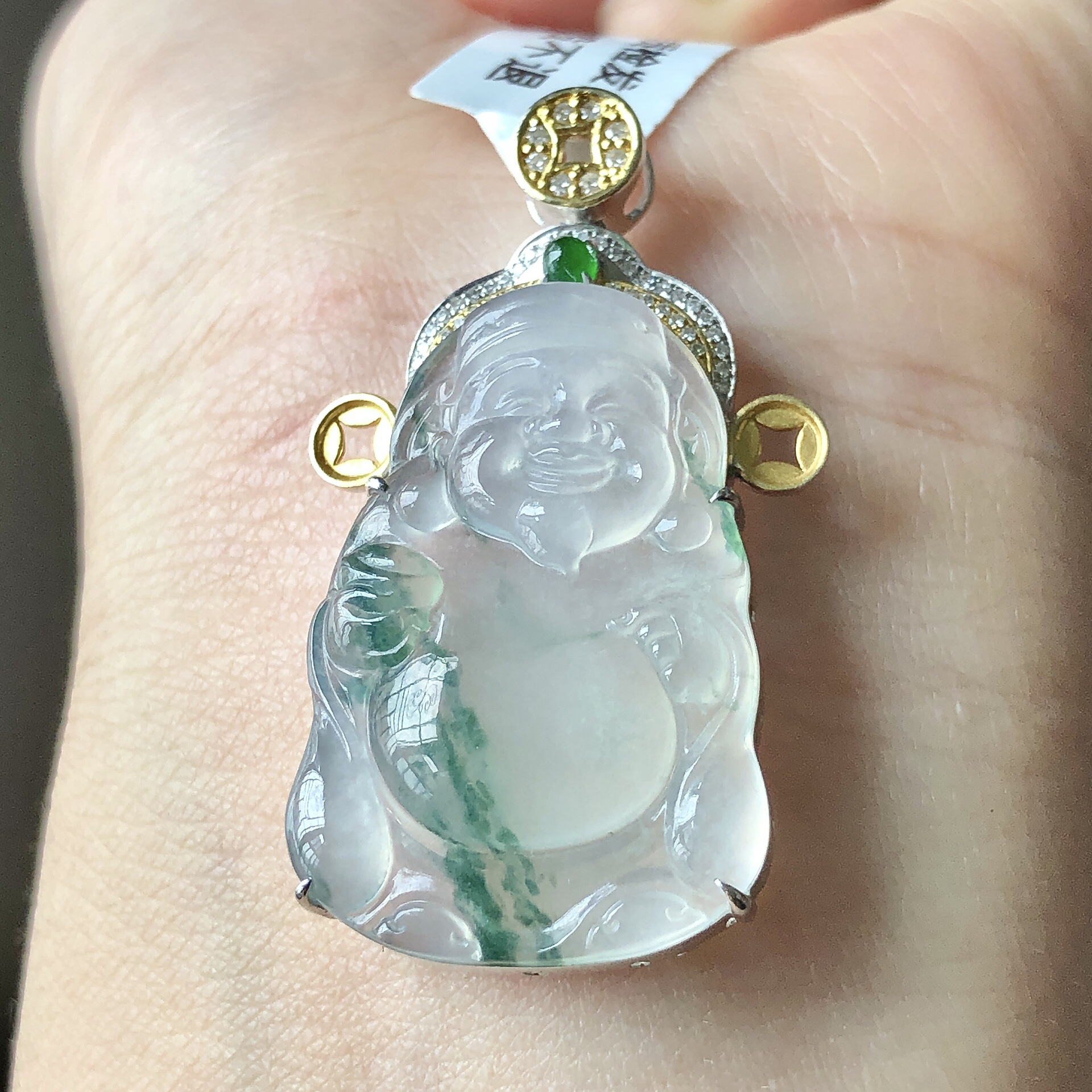缅甸天然A货翡翠18k金镶嵌老坑冰种飘花财神吊坠尺寸39.2/23/8