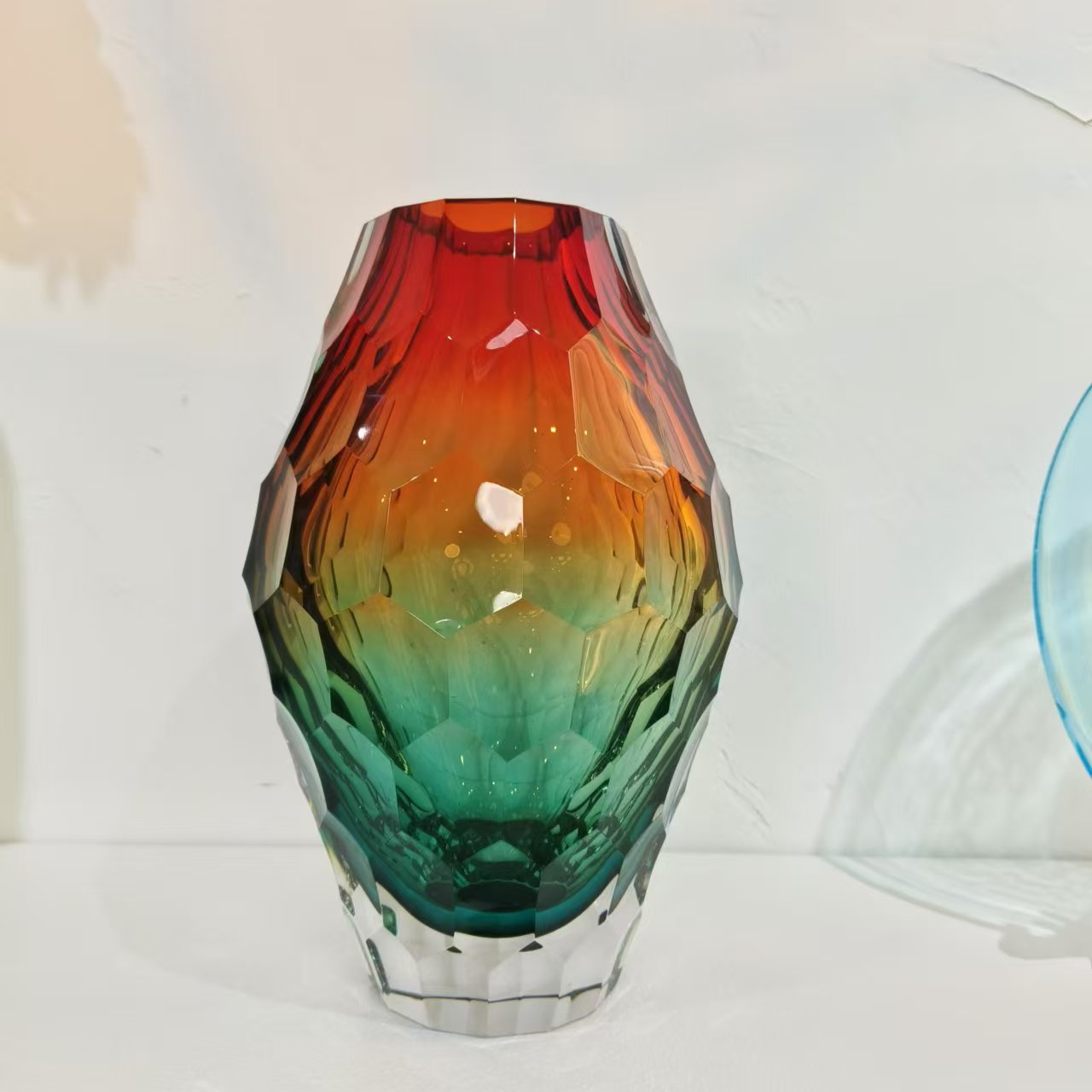 单只-轻奢红蓝渐变宽腰切面花瓶客厅卧室水培瓶