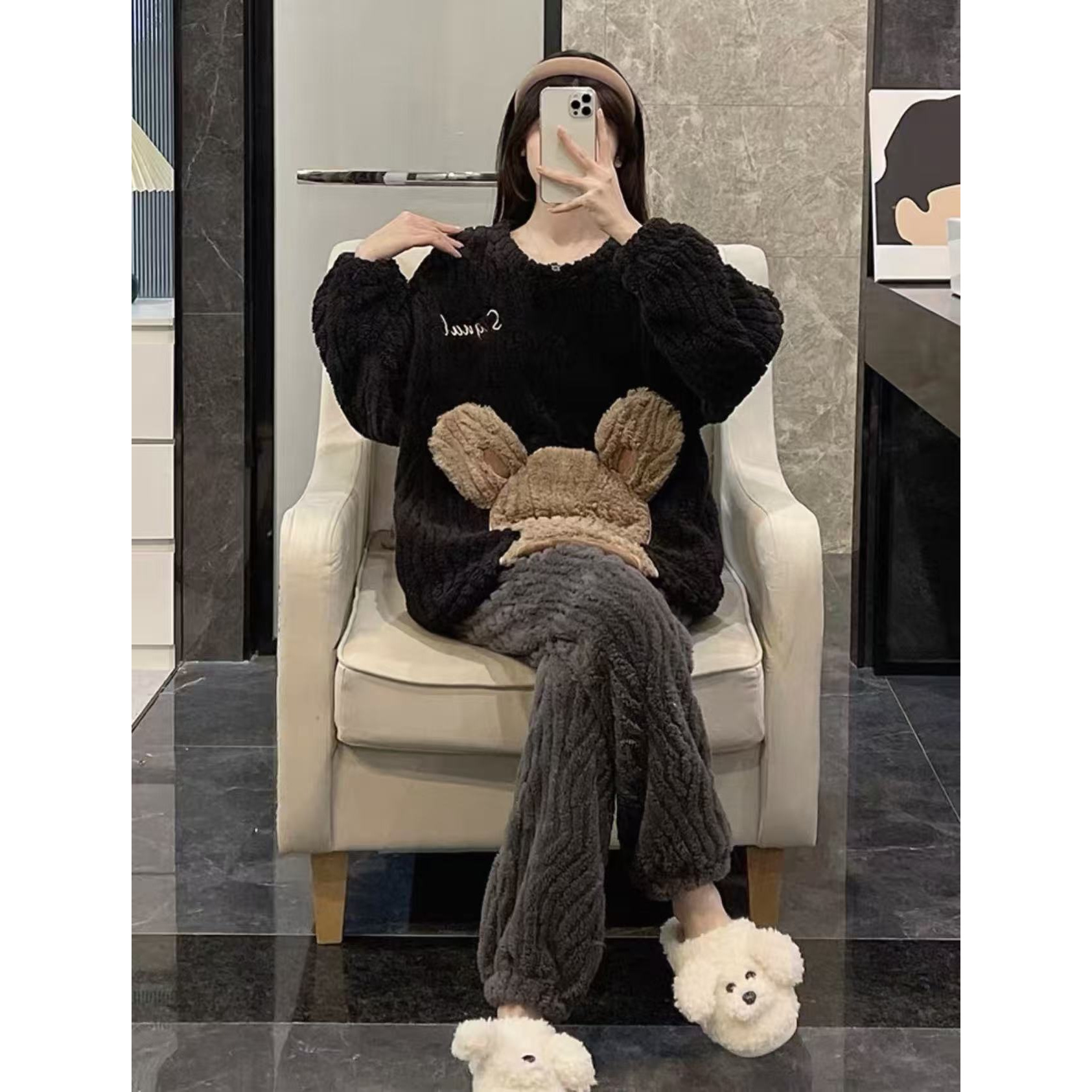 冬季女毛绒卡其小丑驴套头AB搭家居服套装