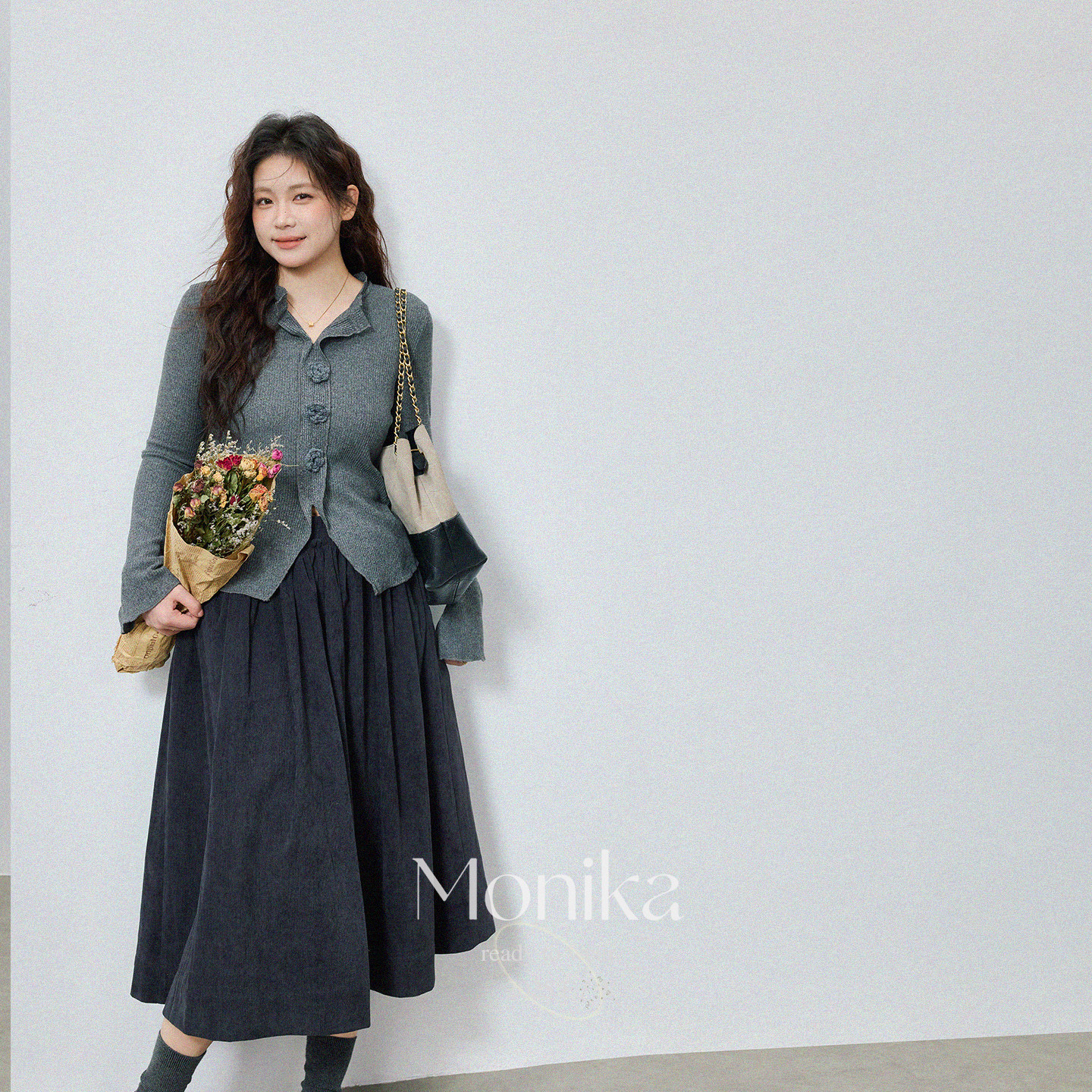 大码女装法式长袖修身荷叶边喇叭袖上衣显瘦t恤5064+半身裙5062