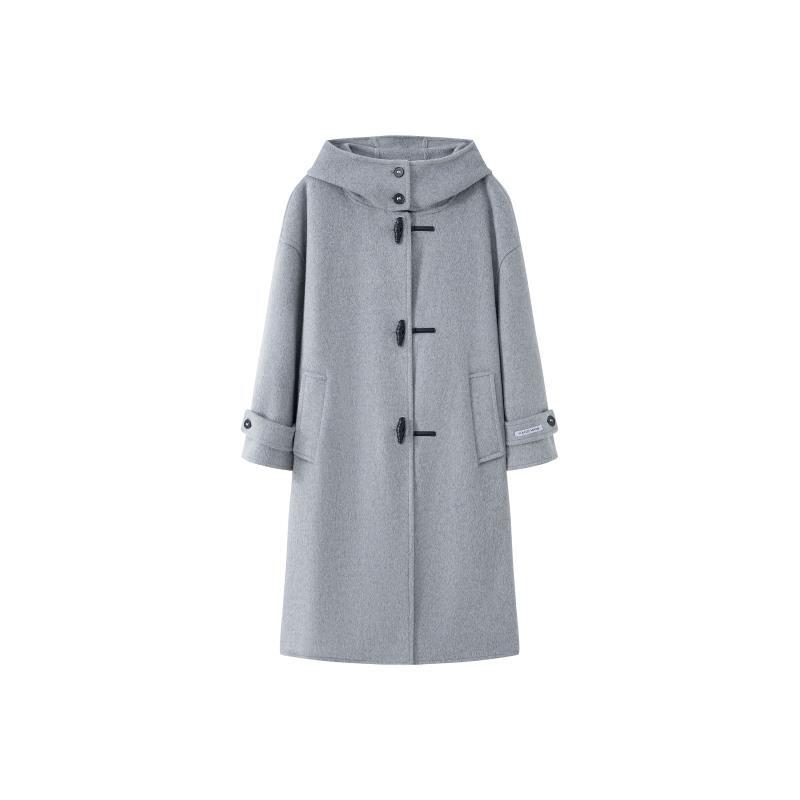 秋冬时尚连帽牛角扣宽松型长款毛呢外套2511款