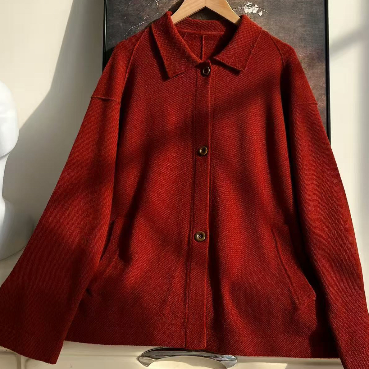 红色西北向南纯羊绒针织夹克上衣外套宽松