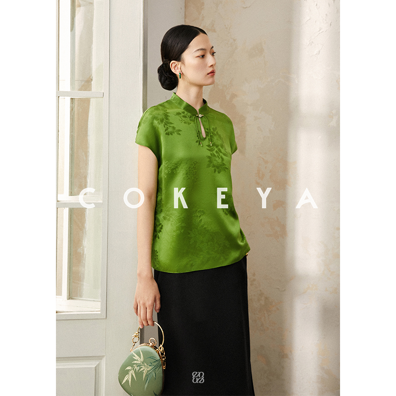 COKEYA/东方美人~栀香满庭芳 6A级花罗真丝提花新中式短袖衬衫女