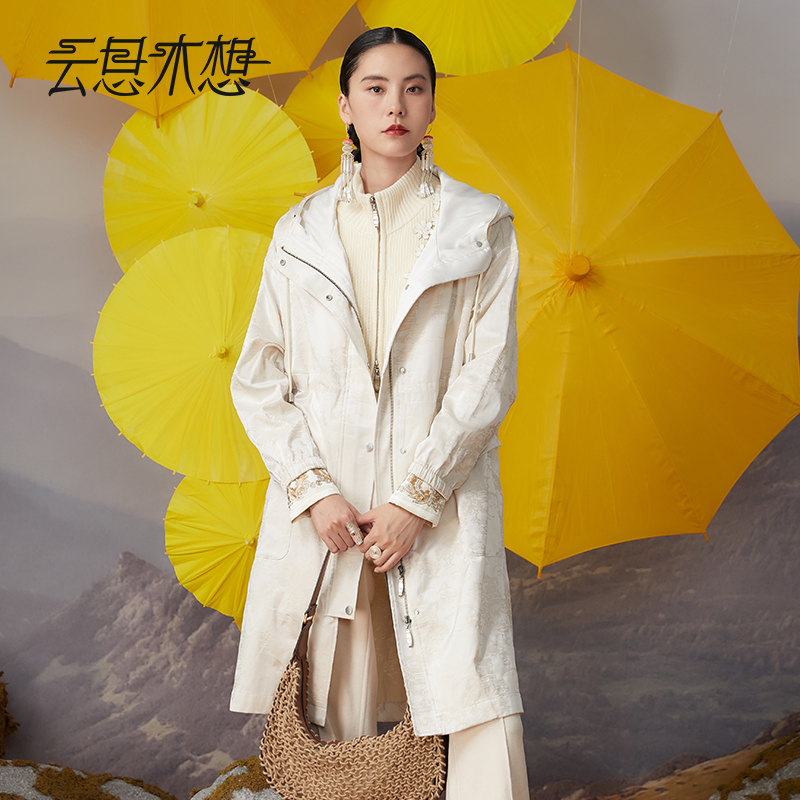 Ysimo-X云思木想摩登国风女装2024秋季提花松紧腰连帽风衣12079