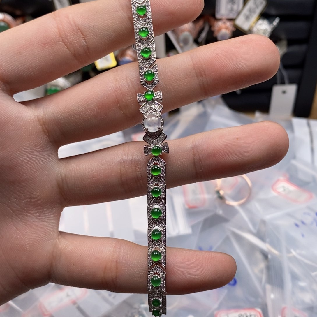 翡翠手链银S925镶嵌天然缅甸翡翠a货