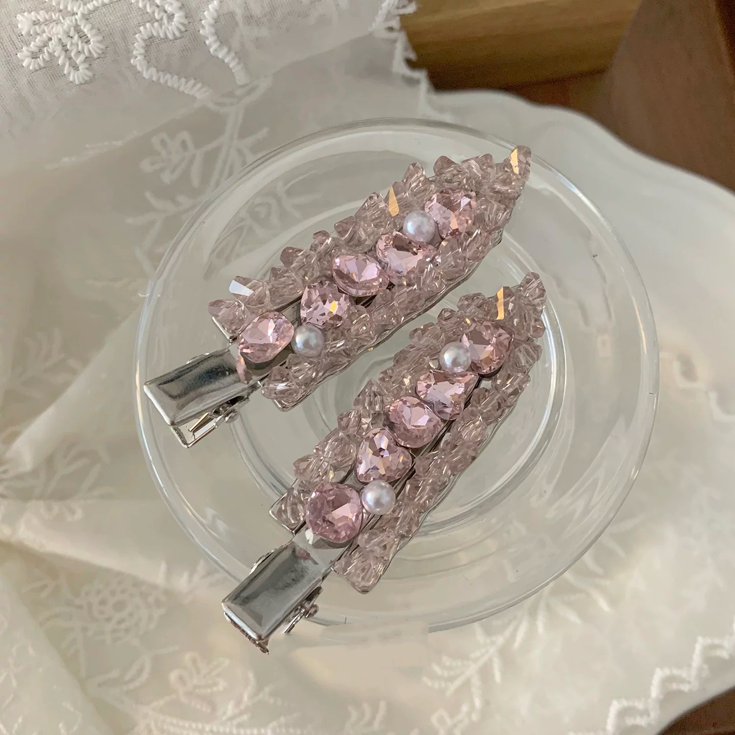 精品水晶满镶重工轻奢时尚百搭粉色铲子金属压夹4228（对）