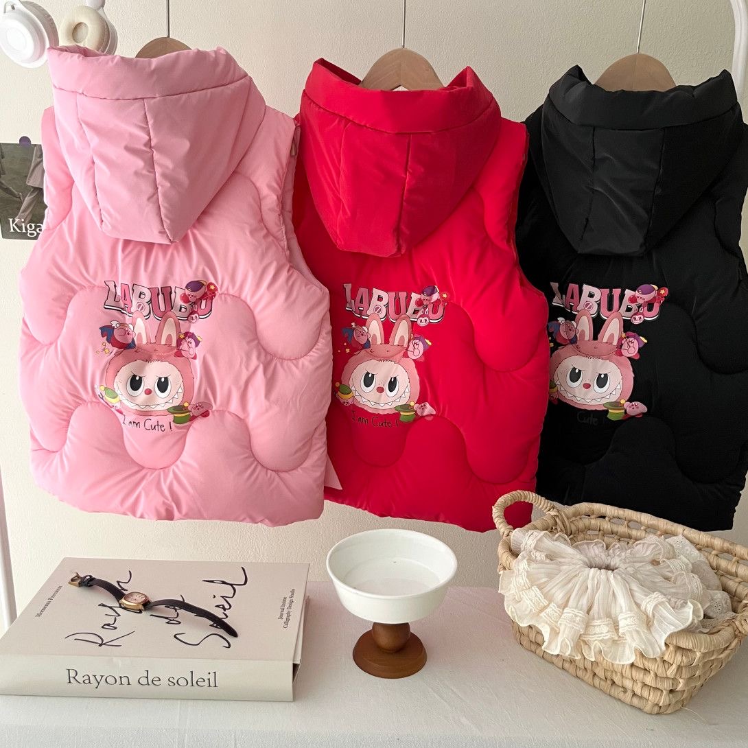 女童马甲带帽超厚外穿印花秋冬季拉布布洋气儿童加厚保暖爆款背心