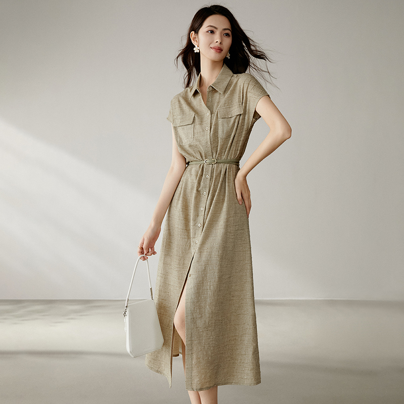 晚白【新品】【含亚麻苎麻】2025夏裙子弹力收腰衬衫连衣裙25011408