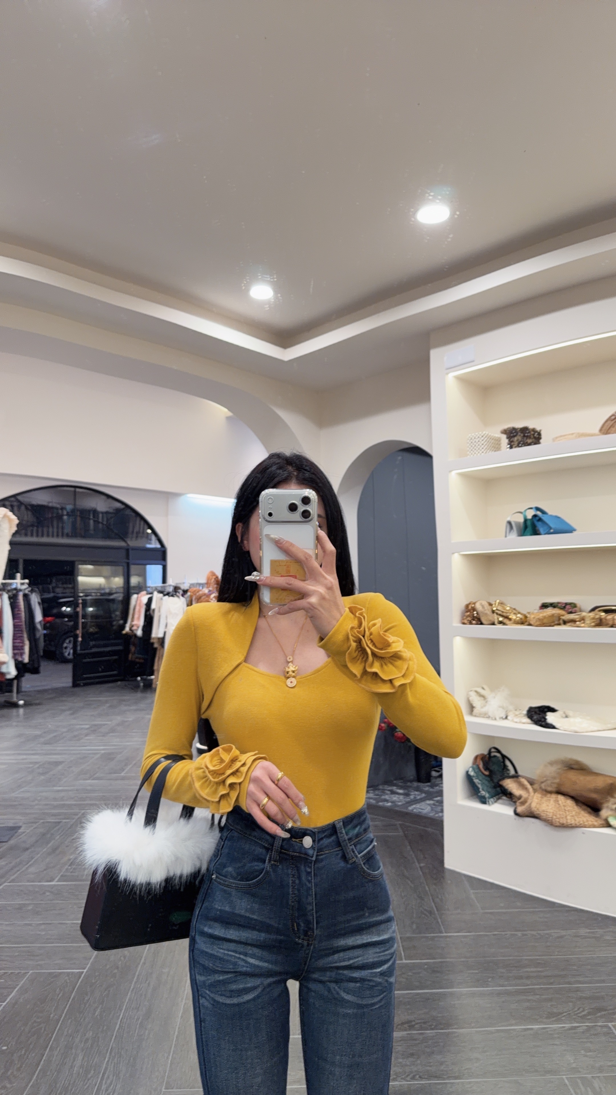 大气元（上衣）新品磨毛方领设计花袖口上衣#A0008