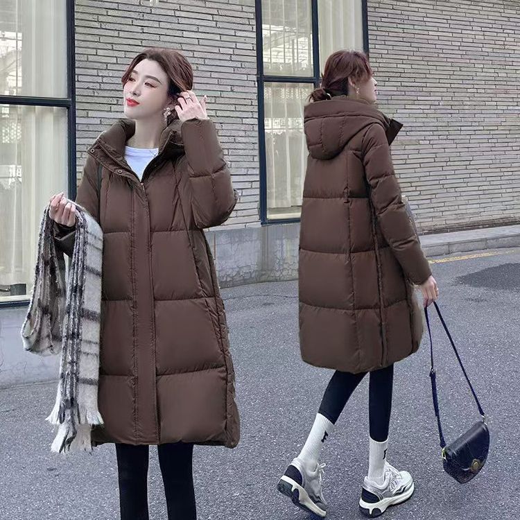 22025秋冬新款时尚拼接连帽棉服女中长款宽松百搭加厚保暖面包服