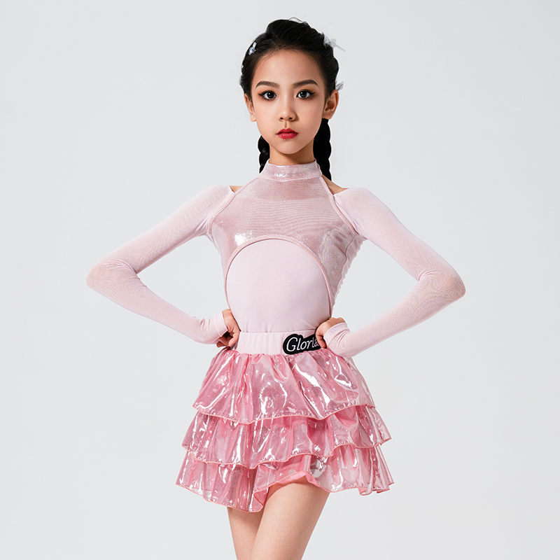 歌瑞亚拉丁舞服女少儿童新款长袖烫金雪纺半裙套装表演出练习功服
