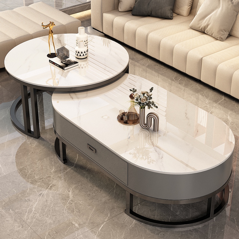 爆款网红客厅圆形岩板茶几极简现代简约轻奢大理石简易家用直播