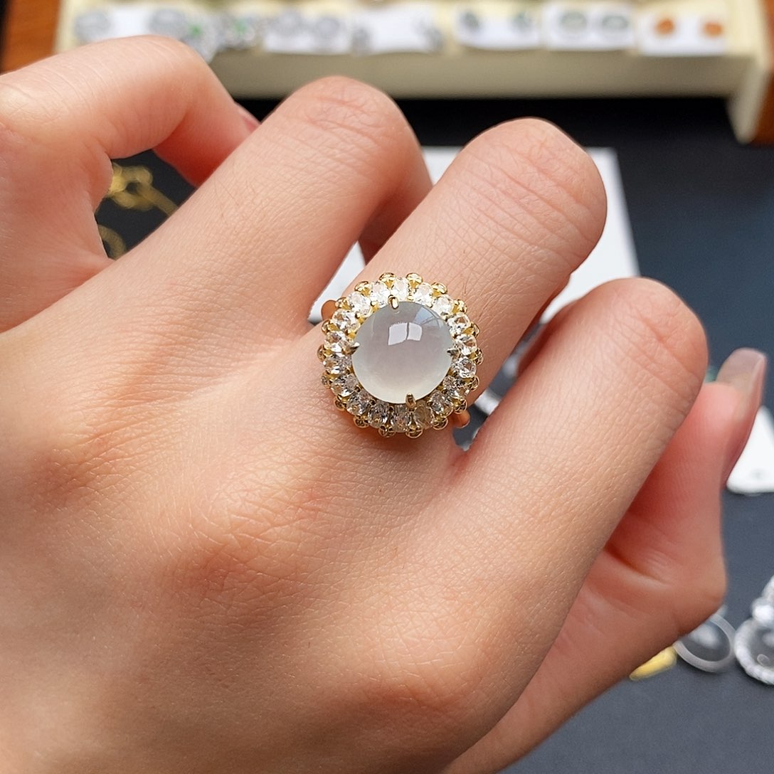 翡翠银S925镶嵌戒指翡翠戒指白月光