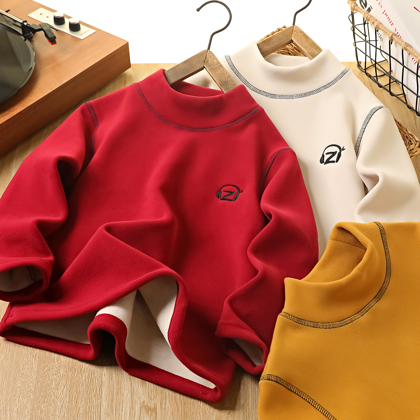 男童加绒打底衫秋冬2025新款儿童半高领加厚上衣中大童红色卫衣潮