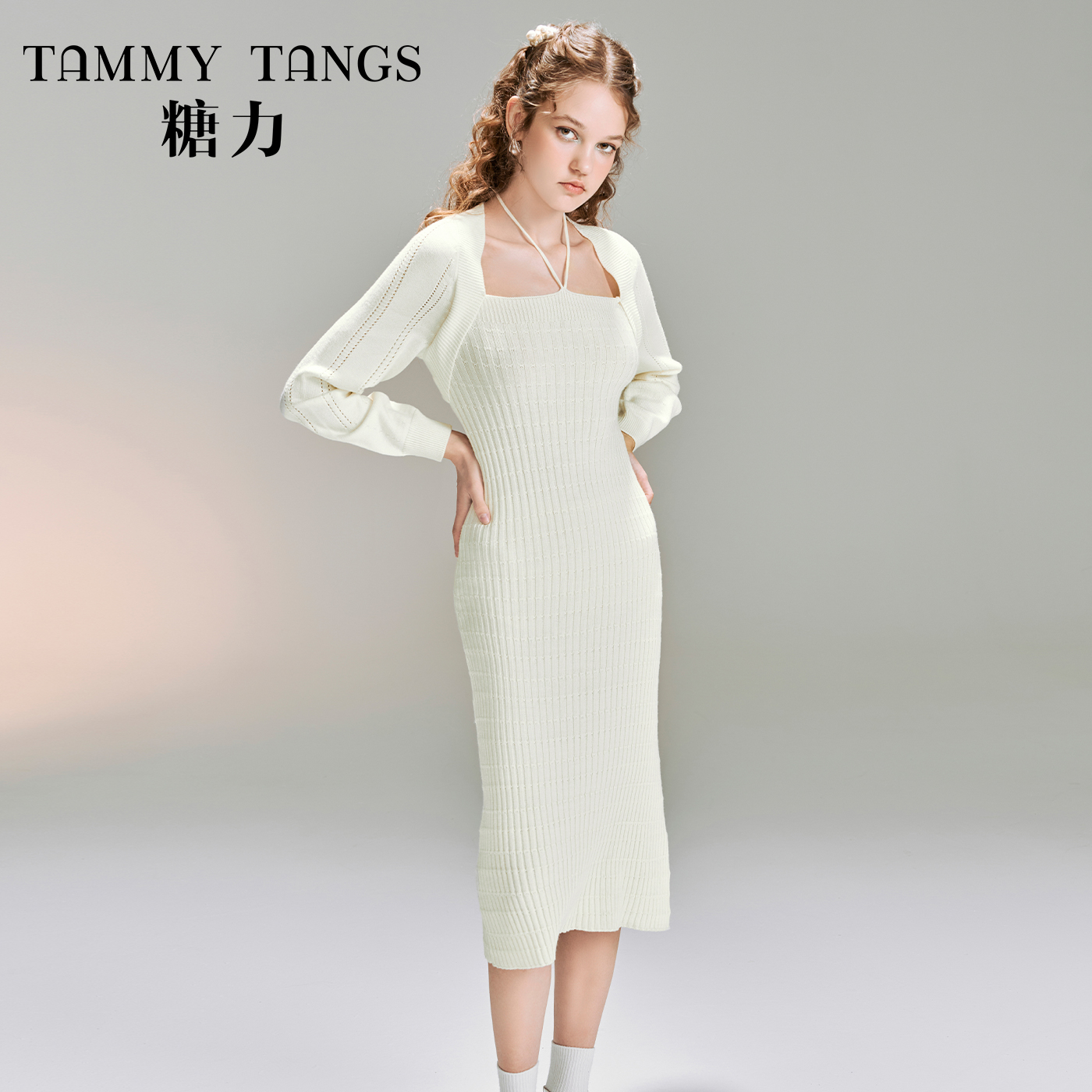 6410【金拐子专属】糖力法式挂脖方领羊毛针织连衣裙TWEDQ46410