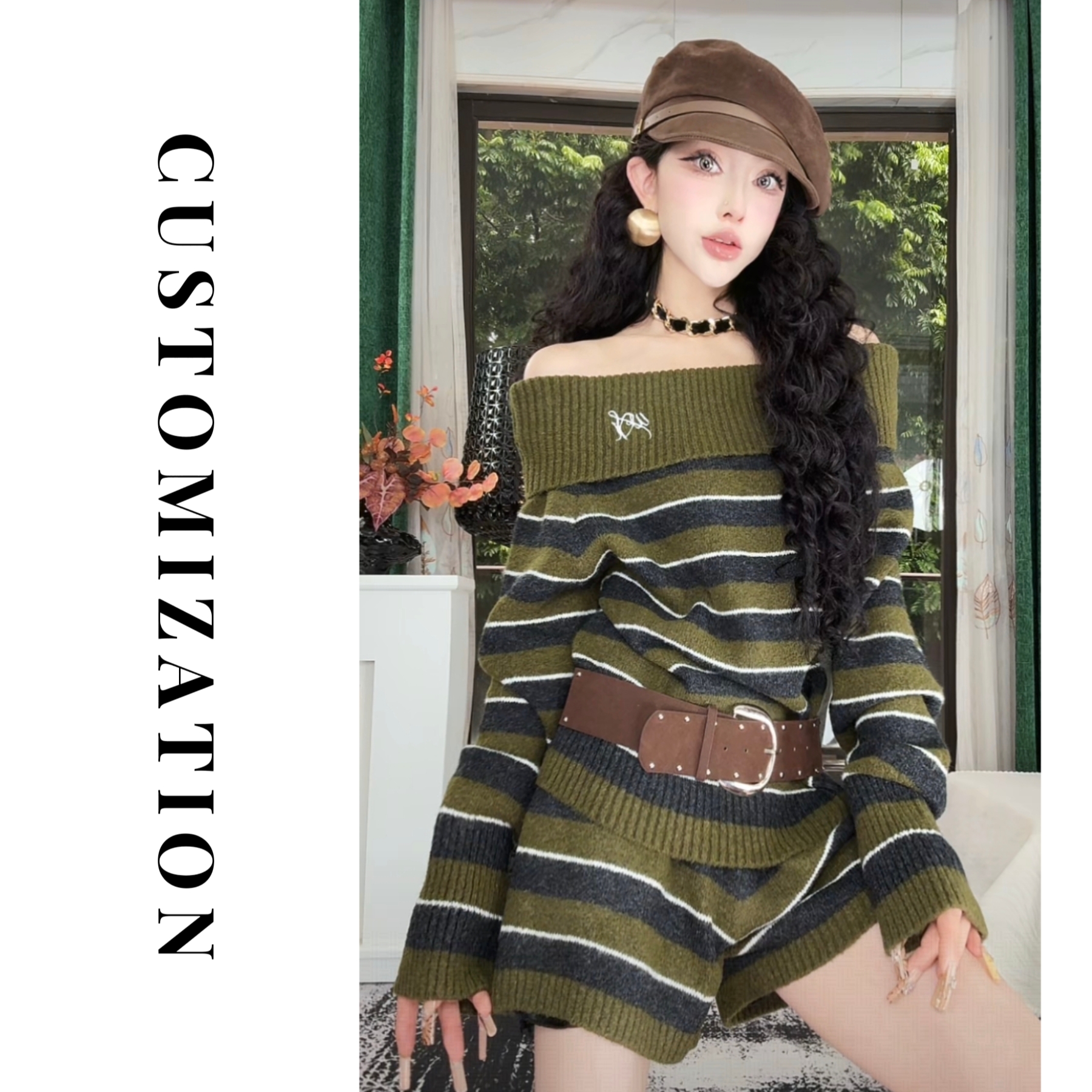 2025秋款套装羊毛横条纹大领口一字肩上衣搭配松紧腰毛衣0967